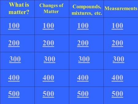 100 200 300 400 500 100 200 300 400 500 100 200 300 400 500 100 200 300 400 500 What is matter? Changes of Matter Compounds, mixtures, etc. Measurements.