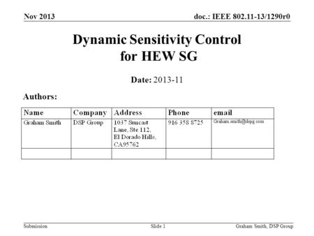 Doc.: IEEE 802.11-13/1290r0 Submission Nov 2013 Dynamic Sensitivity Control for HEW SG Date: 2013-11 Authors: Graham Smith, DSP GroupSlide 1.