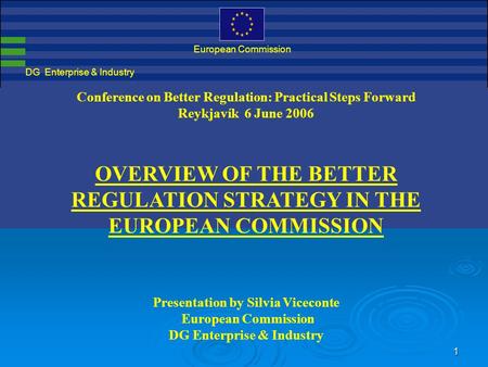 1 DG Enterprise & Industry European Commission Conference on Better Regulation: Practical Steps Forward Reykjavík 6 June 2006 OVERVIEW OF THE BETTER REGULATION.