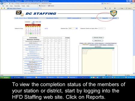 To view the completion status of the members of your station or district, start by logging into the HFD Staffing web site. Click on Reports.