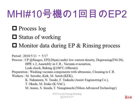 MHI#10 号機の 1 回目の EP2  Process log  Status of working  Monitor data during EP & Rinsing process Period : 2010/5/11 ～ 5/17 Process : EP2(20μm)