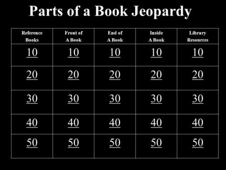 Parts of a Book Jeopardy Reference Books Front of A Book End of A Book Inside A Book Library Resources 10 20 30 40 50.