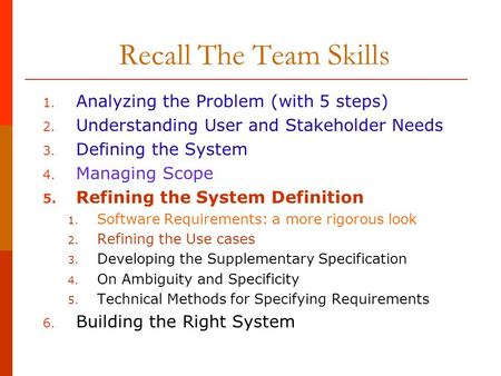 Recall The Team Skills 1. Analyzing the Problem (with 5 steps) 2. Understanding User and Stakeholder Needs 3. Defining the System 4. Managing Scope 5.