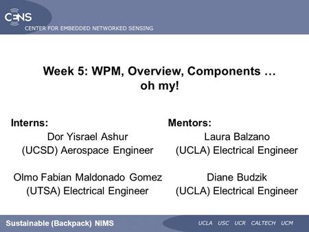 Sustainable (Backpack) NIMS Interns: Dor Yisrael Ashur (UCSD) Aerospace Engineer Olmo Fabian Maldonado Gomez (UTSA) Electrical Engineer Week 5: WPM, Overview,