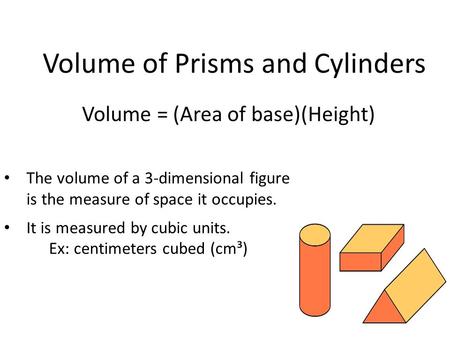 Volume of Prisms and Cylinders Volume = (Area of base)(Height) The volume of a 3-dimensional figure is the measure of space it occupies. It is measured.