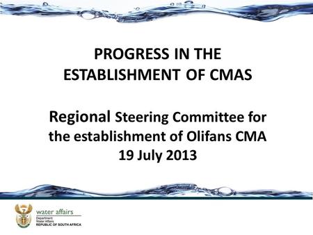 PROGRESS IN THE ESTABLISHMENT OF CMAS Regional Steering Committee for the establishment of Olifans CMA 19 July 2013.