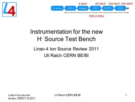 Uli Raich CERN BE/BI Instrumentation for the new H - Source Test Bench Linac-4 Ion Source Review 2011 Uli Raich CERN BE/BI Linac 4 ion source review, CERN.