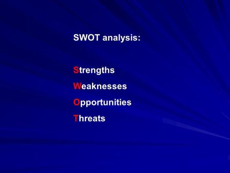 SWOT analysis: Strengths Weaknesses Opportunities Threats.