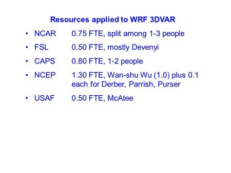 Resources applied to WRF 3DVAR NCAR0.75 FTE, split among 1-3 people FSL0.50 FTE, mostly Devenyi CAPS0.80 FTE, 1-2 people NCEP1.30 FTE, Wan-shu Wu (1.0)