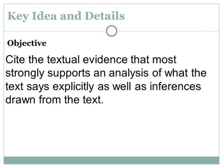 Objective Cite the textual evidence that most strongly supports an analysis of what the text says explicitly as well as inferences drawn from the text.