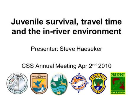 Juvenile survival, travel time and the in-river environment Presenter: Steve Haeseker CSS Annual Meeting Apr 2 nd 2010.