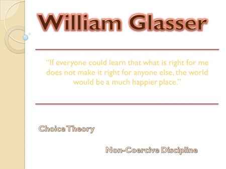 Biography William GlasserBiography Born in 1925 in Cleveland, Ohio Received BS and MA in clinical psychology Case Western Reserve University and received.