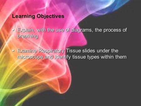 Learning Objectives  Explain, with the use of diagrams, the process of breathing  Examine Respiratory Tissue slides under the microscope and Identify.
