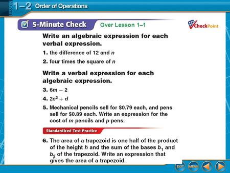 Lesson 1-2 Glencoe Algebra 1 Order of operations Lesson 1-2 Glencoe Algebra 1.