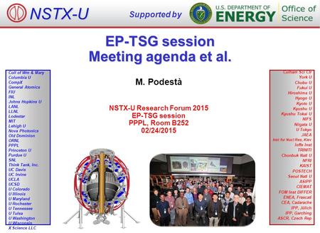 EP-TSG session Meeting agenda et al. M. Podestà NSTX-U Research Forum 2015 EP-TSG session PPPL, Room B252 02/24/2015 NSTX-U Supported by Culham Sci Ctr.