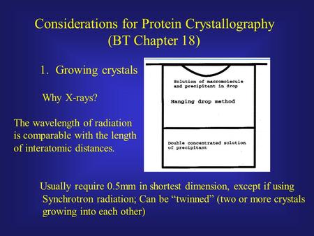 Considerations for Protein Crystallography (BT Chapter 18) 1.Growing crystals Usually require 0.5mm in shortest dimension, except if using Synchrotron.