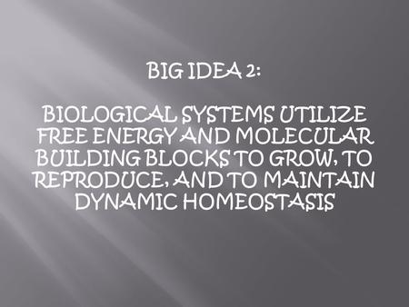 BIG IDEA 2: BIOLOGICAL SYSTEMS UTILIZE FREE ENERGY AND MOLECULAR BUILDING BLOCKS TO GROW, TO REPRODUCE, AND TO MAINTAIN DYNAMIC HOMEOSTASIS.