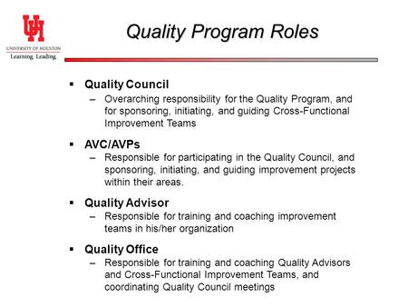 Quality Program Roles Quality Council AVC/AVPs Quality Advisor