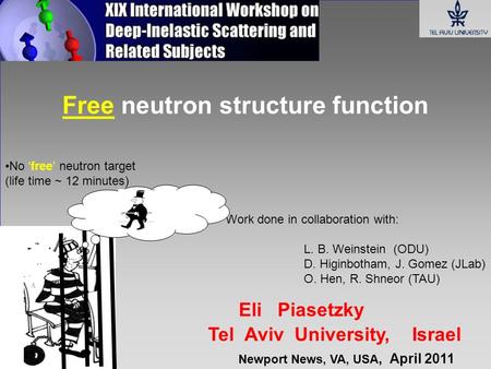 Eli Piasetzky Tel Aviv University, Israel Free neutron structure function Work done in collaboration with: L. B. Weinstein (ODU) D. Higinbotham, J. Gomez.