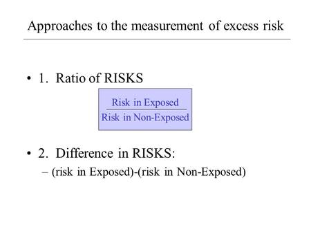 Approaches to the measurement of excess risk 1. Ratio of RISKS 2. Difference in RISKS: –(risk in Exposed)-(risk in Non-Exposed) Risk in Exposed Risk in.