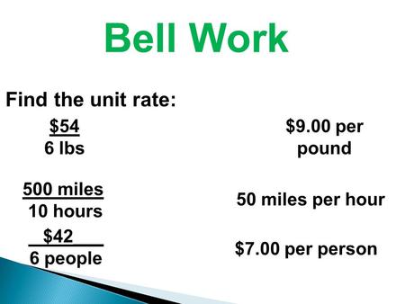 Bell Work Find the unit rate: $54 6 lbs 500 miles 10 hours $42___ 6 people $9.00 per pound 50 miles per hour $7.00 per person.