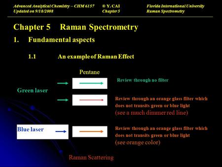 Advanced Analytical Chemistry – CHM 6157® Y. CAIFlorida International University Updated on 9/18/2008Chapter 5Raman Spectrometry Chapter 5 Raman Spectrometry.