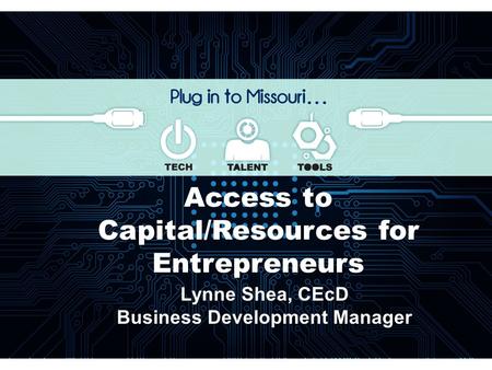 Access to Capital/Resources for Entrepreneurs Lynne Shea, CEcD Business Development Manager.