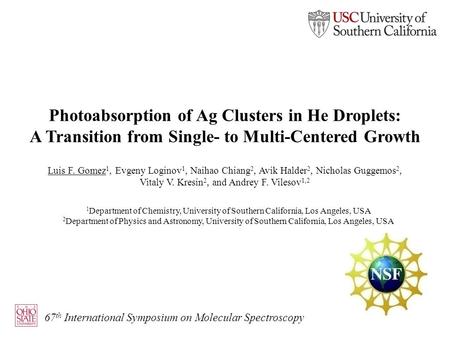 Photoabsorption of Ag Clusters in He Droplets: A Transition from Single- to Multi-Centered Growth 67 th International Symposium on Molecular Spectroscopy.