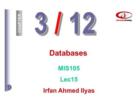 11 3 / 12 CHAPTER Databases MIS105 Lec15 Irfan Ahmed Ilyas.