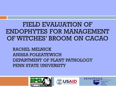 Field evaluation of endophytes for management of Witches’ broom on cacao Rachel Melnick Anissa poleatewich Department of Plant pathology Penn State university.