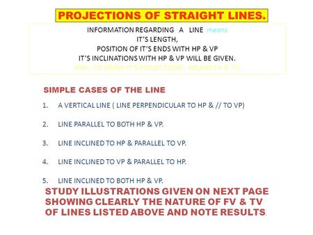 SIMPLE CASES OF THE LINE 1.A VERTICAL LINE ( PERPENDICULAR TO HP & // TO VP) 2.LINE PARALLEL TO BOTH HP & VP. 3.LINE INCLINED TO HP & PARALLEL TO VP. 4.LINE.