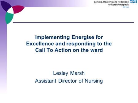 Implementing Energise for Excellence and responding to the Call To Action on the ward Lesley Marsh Assistant Director of Nursing.