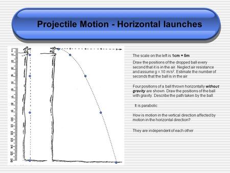 Projectile Motion - Horizontal launches The scale on the left is 1cm = 5m Draw the positions of the dropped ball every second that it is in the air. Neglect.