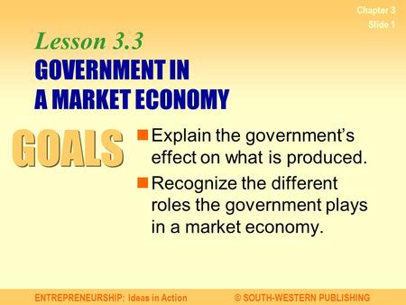 ENTREPRENEURSHIP: Ideas in Action© SOUTH-WESTERN PUBLISHING Chapter 3 Slide 1 Lesson 3.3 GOVERNMENT IN A MARKET ECONOMY Explain the government’s effect.
