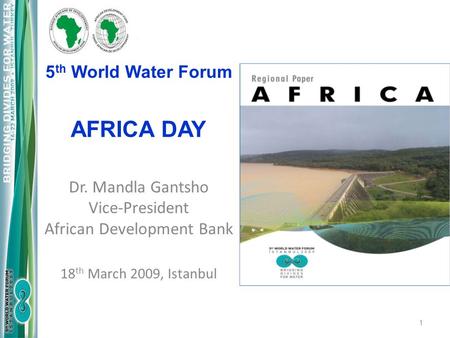 5 th World Water Forum AFRICA DAY 1 Dr. Mandla Gantsho Vice-President African Development Bank 18 th March 2009, Istanbul.