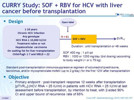CURRY  Design Open-label CURRY Study: SOF + RBV for HCV with liver cancer before transplantation ≥ 18 years Chronic HCV infection Any genotype HCV RNA.
