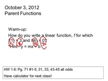 October 3, 2012 Parent Functions Warm-up: How do you write a linear function, f for which f(1) = 3 and f(4) = 0? *Hint: y = mx + b HW 1.6: Pg. 71 #1-5,
