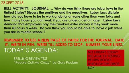 23 SEPT 2015 BELL ACTIVITY: JOURNAL…. Why do you think there are labor laws in the United States? Discuss the positives and the negatives. Labor laws dictate.
