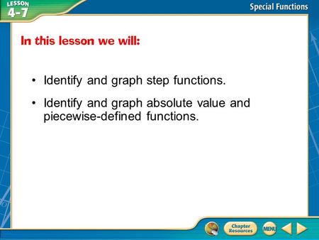 Then/Now Identify and graph step functions. Identify and graph absolute value and piecewise-defined functions.