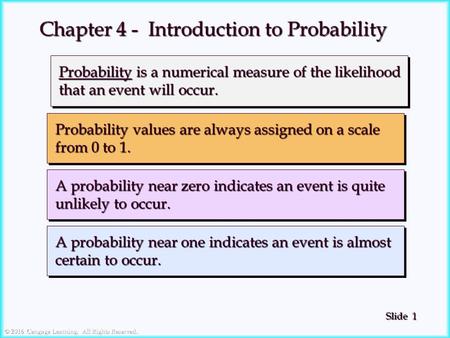 1 1 Slide © 2016 Cengage Learning. All Rights Reserved. Probability is a numerical measure of the likelihood Probability is a numerical measure of the.