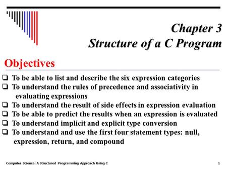 Computer Science: A Structured Programming Approach Using C1 Objectives ❏ To be able to list and describe the six expression categories ❏ To understand.
