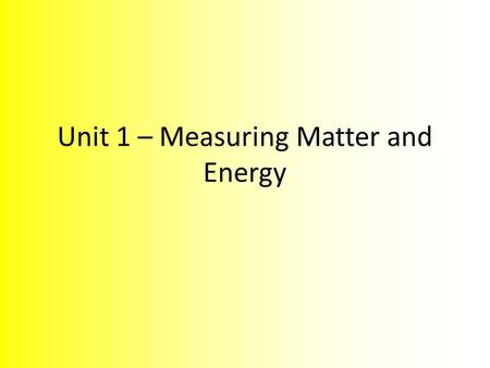 Unit 1 – Measuring Matter and Energy. Learning Objectives By the end of this unit, you should be able to: Describe what matter is and apply the law of.