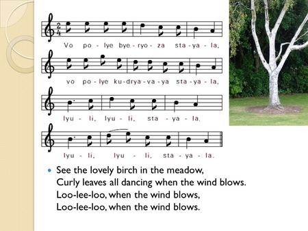 See the lovely birch in the meadow, Curly leaves all dancing when the wind blows. Loo-lee-loo, when the wind blows, Loo-lee-loo, when the wind blows. The.