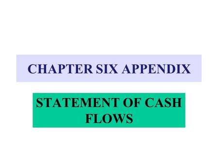 CHAPTER SIX APPENDIX STATEMENT OF CASH FLOWS. Fourth financial statement Explains... –what the business did to generate cash and –how the cash was used.