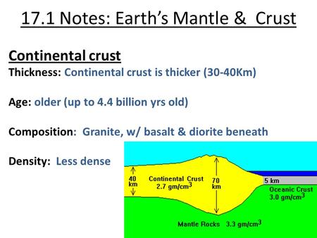 17.1 Notes: Earth’s Mantle & Crust Continental crust Thickness: Continental crust is thicker (30-40Km) Age: older (up to 4.4 billion yrs old) Composition: