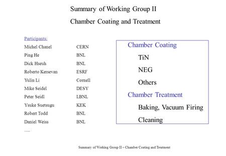 Summary of Working Group II – Chamber Coating and Treatment Participants: Michel ChanelCERN Ping HeBNL Dick Hseuh BNL Roberto KersevanESRF Yulin LiCornell.