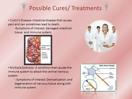 Possible Cures/ Treatments Crohn’s Disease- Intestinal disease that causes pain and can sometimes lead to death. -Symptoms of interest: damaged intestinal.