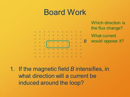 Board Work 1.If the magnetic field B intensifies, in what direction will a current be induced around the loop? B Which direction is the flux change? What.