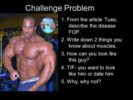 Challenge Problem 1. From the article Tues, describe the disease FOP. 2. Write down 2 things you know about muscles. 3. How can you look like this guy?