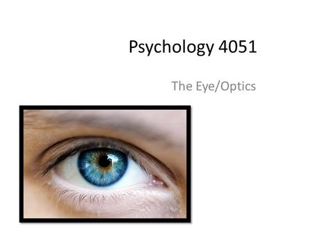 Psychology 4051 The Eye/Optics. Light The stimulus for vision is light energy-a small part of the spectrum of electromagnetic radiation. Other organisms.